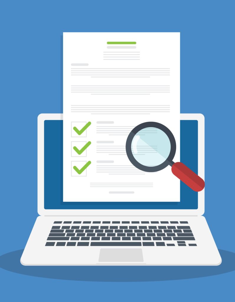 Dessin avec un ordinateur en fond et un document avec une loupe en premier plan