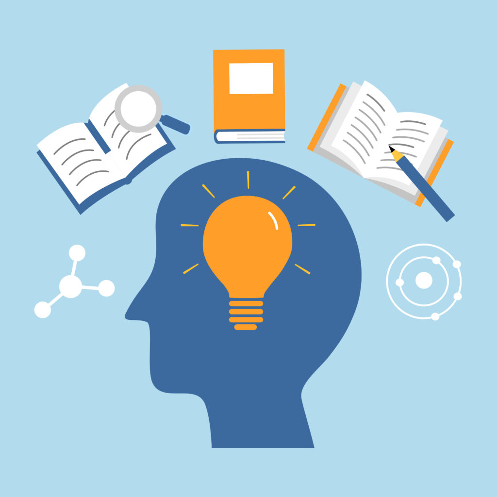 dessin d'une tête avec une ampoule à la place du cerveau et des symboles liés à la connaissance tout autour